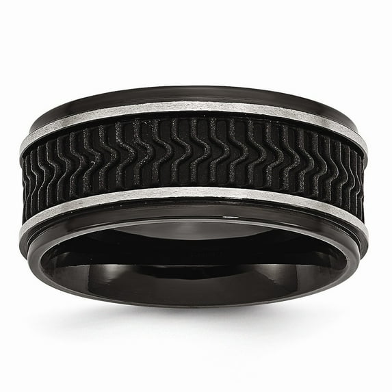 10.1mm Stainless Steel Black Ip With Rubber Inlay Ring - Size 8.5