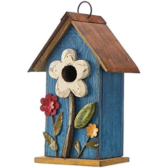 10.2" H Hanging Bird House for Outdoor Patio Garden Decorative Birdhouse Pet Cottage Distressed Wooden Birdhouse, Flower Rustic Blue