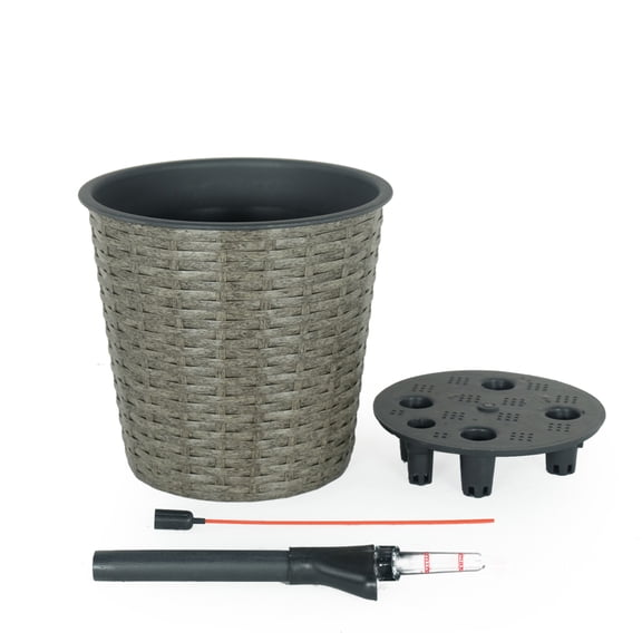 10.2" Grey Self-Watering Round Wicker Planter with Water Level Indicator