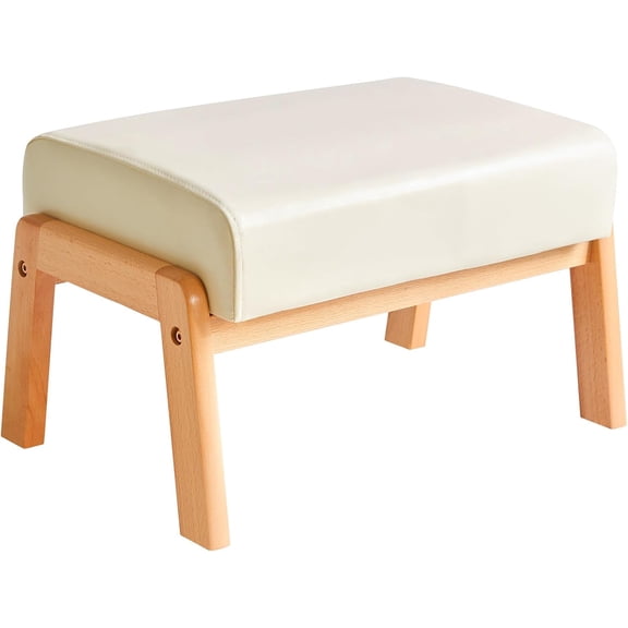 10.2” H Small Foot Stool Ottoman, Rectangle PU Faux Leather Foot Rest with Padded Seat and Wood Legs, Modern Accent Ottoman Foot Rest for Living Room Bedroom Couch Office, White WBD013W