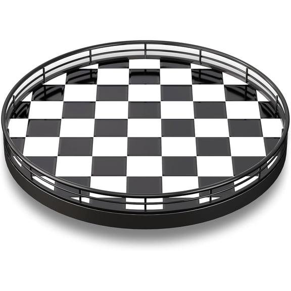10.2-Inch Black & White Checkerboard Lazy Susan Organizer  Rotating Serving Tray with Oak Base, Iron Frame, & Ceramic Tile Perfect for Dining Table, Kitchen Cabinet, Bathroom Countertop, Home Dcor
