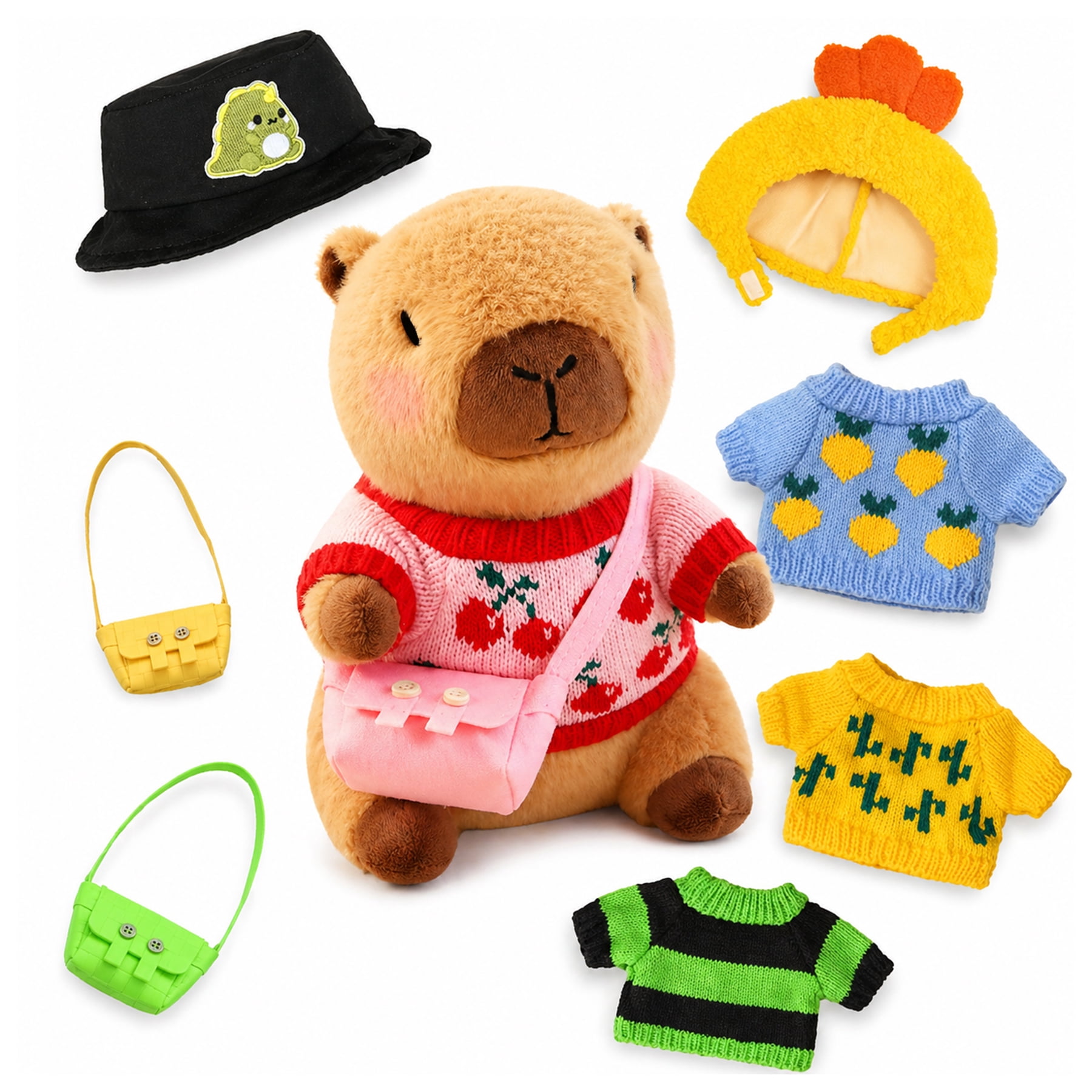 10.2 Inch Capybara Plush with 9 Clothes & Accessories, Dress-Up Capybara Stuffed Animal with 4 Sweaters, 2 Hats & 3 Bags, Cute Plush Toy Gift for Girls Boys Kids Birthday Christmas