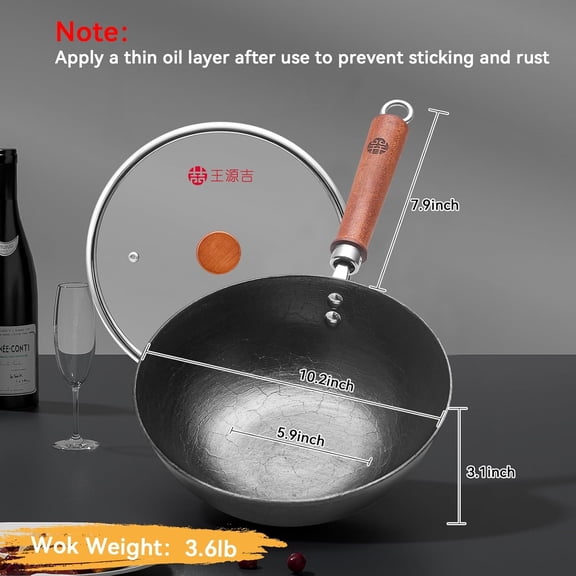 10.2 Inch Cast Iron Wok with Lid, Flat Bottom Small Stir-Fry Pan with Wooden Handle, Uncoated Cast Iron Skillet for Gas, Induction and Electric Stovetops