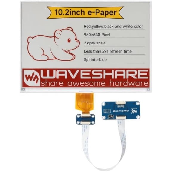 10.2 Inch E-Paper Display Module Red Yellow Black White 960x640 SPI Interface for DIY IoT Projects and Microcontroller Development Boards SKU-31124