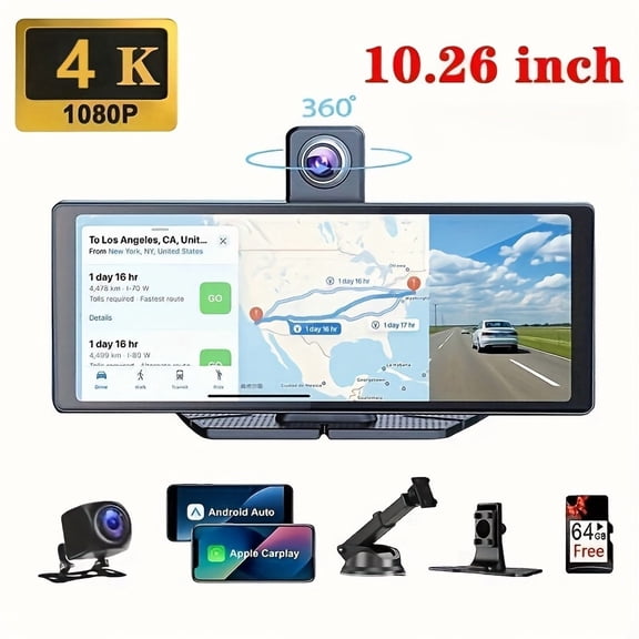 10.2-Inch Large Car Screen with Wireless Carplay/Android Auto, Reversing Camera, Music/Video, Navigation, Hands-Free Calling for Sedans, SUVs, RVs
