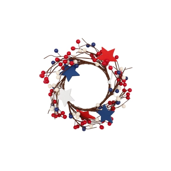 10.2 Inch Patriotic Candle Rings Wreath,Red White & Blue Star Mixed Berries & Pip Berry Small Wreaths for July 4th Pillar Christmas Wreath,Table Centerpiece Cabinet Window