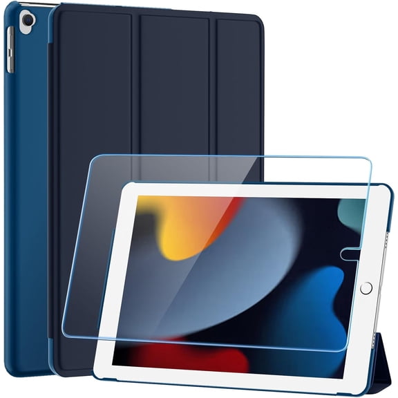 for 10.2 Inch iPad 9th Generation Case 2021, with [ Glass Screen Protector ]/ iPad 8th Generation Case 2020/ iPad 7th Generation Case 2019, Slim Stand Translucent Back Shell Cover, Dark Blue