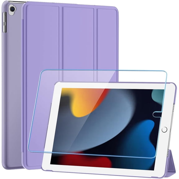 for 10.2 Inch iPad 9th Generation Case 2021, with [ Glass Screen Protector ]/ iPad 8th Generation Case 2020/ iPad 7th Generation Case 2019, Slim Stand Translucent Back Shell Cover, Purple
