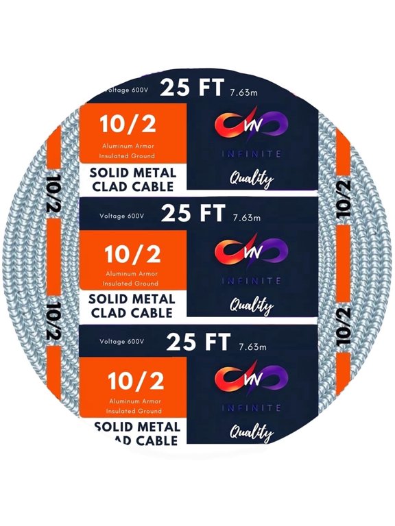 10/2 MC Cable with Ground - Cable with Ground Aluminium Armored Solid Copper Conductors - for Indoor 25 Ft