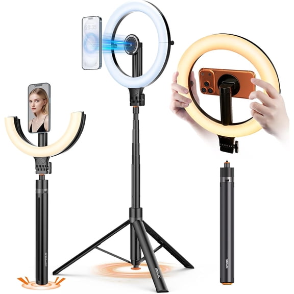 10.2" Magnetic Ring Light with 64" Tripod for iPhone Mag Safe, 5000mAh Rechargeable Ring Light with Stand, 3000k-6500K Phone Tripod with Light for Video, Photography, Live Stream, TikTok, YouTube