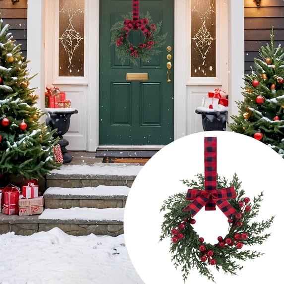 10.2" Mini Christmas Wreath for Cabinets Kitchen, Hanging Small Christmas Wreaths with Red Bows Cedar Branchs Red Berry Clusters for Kitchen Cabinet Fireplace Window Front Door Wall Decor, D