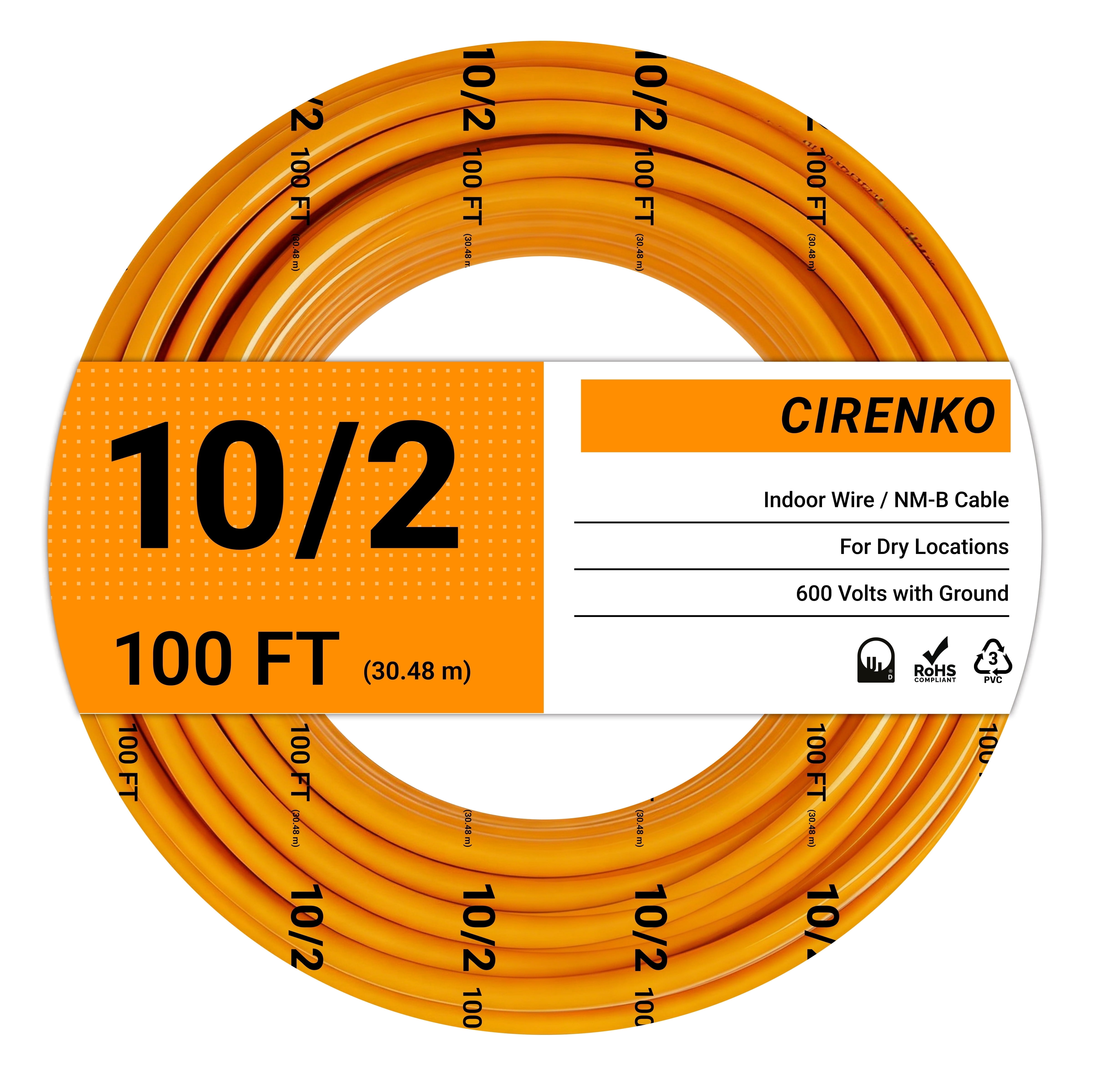 10/2 NM-B Cable 100 FT – UL Listed Residential Indoor Electrical Wire 2 Conductors with Ground, Solid Bare Copper, 600V