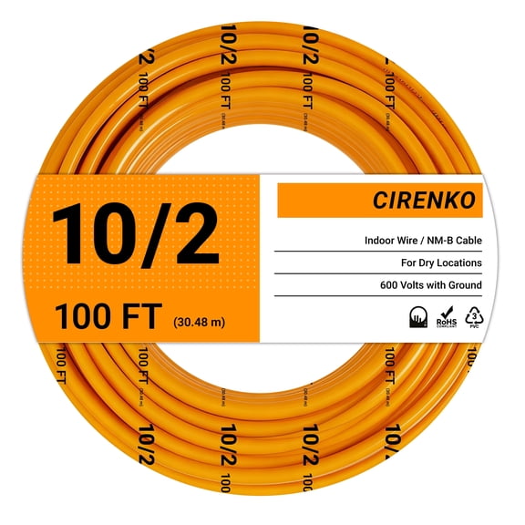 10/2 NM-B Cable 100 FT – UL Listed Residential Indoor Electrical Wire 2 Conductors with Ground, Solid Bare Copper, 600V