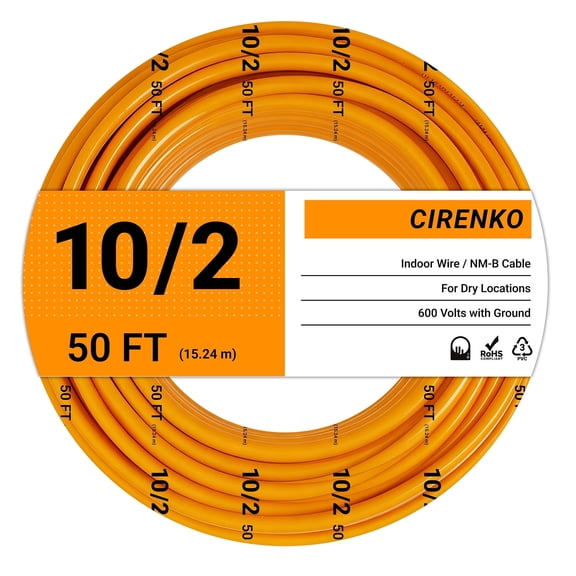 10/2 NM-B Cable 50 FT  UL Listed Residential Indoor Electrical Wire 2 Conductors with Ground, Solid Bare Copper, 600V