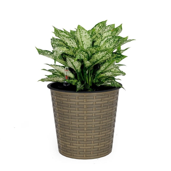 10.2" Round Self-Watering Planter - Wicker-Look Indoor/Outdoor Decor Pot in Gray