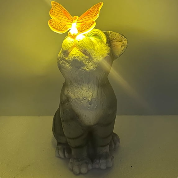 10.2" Solar Powered Cat Garden Statue with Glowing Butterfly, Resin Outdoor Kitten Sculpture with LED Night Light, Decorative Figurine for Patio Yard Balcony, Waterproof Lawn Ornament