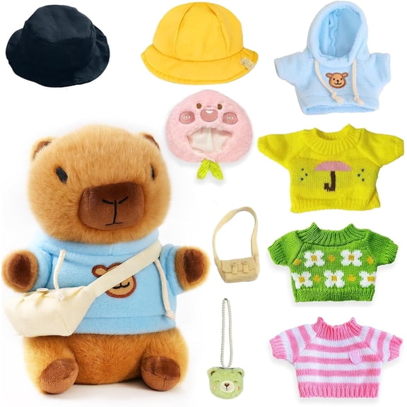 10.2 inch Brown Capybara Plush Toy with 9 Pcs Clothing & Accessories - Mix & Match Dress Up Set, Super Soft Stuffed Animal for Kids Girls Boys