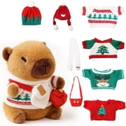 10.2 inch Christmas Capybara Plush Toy with 9 Holiday Outfits & Accessories - Festive Dress Up Set, Super Soft Red Capybara Stuffed Animal for Kids Girls Boys