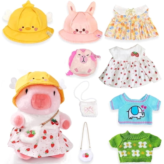 10.2 inch Pink Capybara Plush Doll with 9 Pcs Clothing & Accessories - Mix & Match Fashion Set, Super Soft Stuffed Animal Toy for Kids Girls Boys