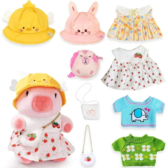 10.2 inch Pink Capybara Plush Doll with 9 Pcs Clothing & Accessories - Mix & Match Fashion Set, Super Soft Stuffed Animal Toy for Kids Girls Boys