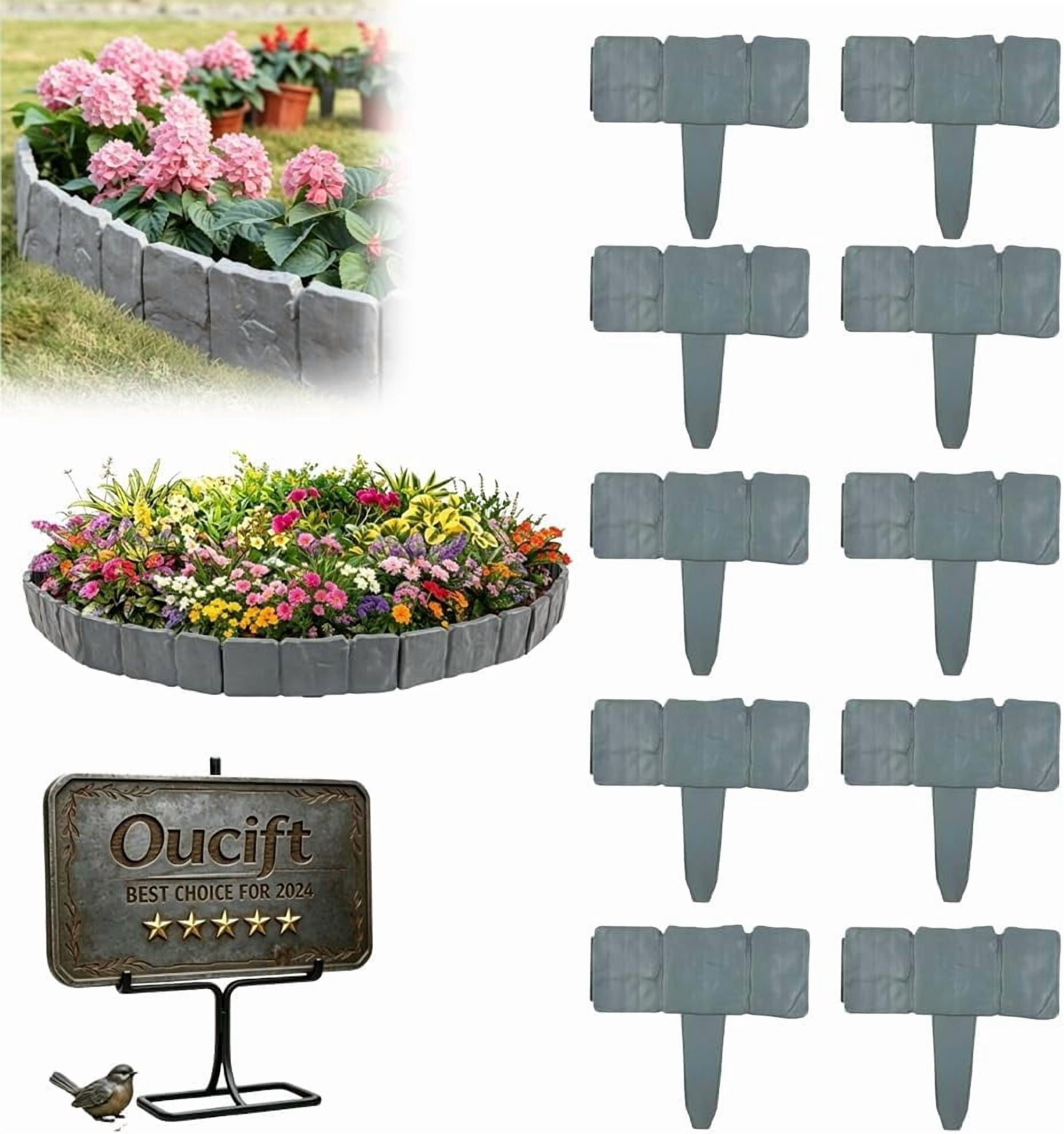 10/20/30/40PCS Imitation Stone Garden Fence Plastic Retaining Edging Border Faux Stone Garden Edging Border Landscape Edging Stone Interlocking Garden Edging Border Stone with Stakes