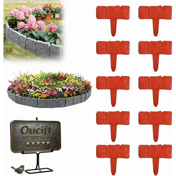 10/20/30/40PCS Imitation Stone Garden Fence Plastic Retaining Edging Border Faux Stone Garden Edging Border Landscape Edging Stone Interlocking Garden Edging Border Stone with Stakes