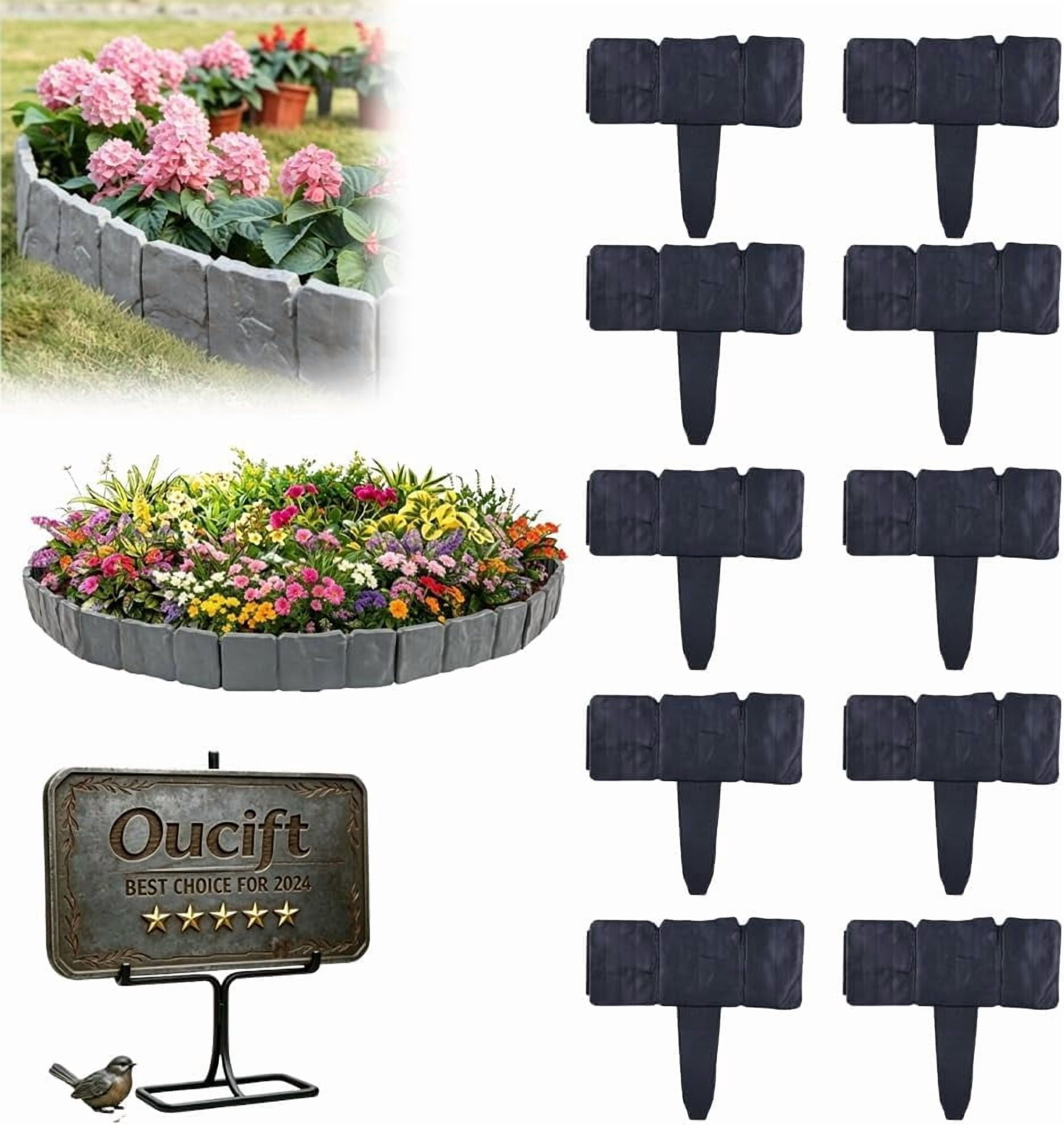 10/20/30/40PCS Imitation Stone Garden Fence Plastic Retaining Edging Border Faux Stone Garden Edging Border Landscape Edging Stone Interlocking Garden Edging Border Stone with Stakes