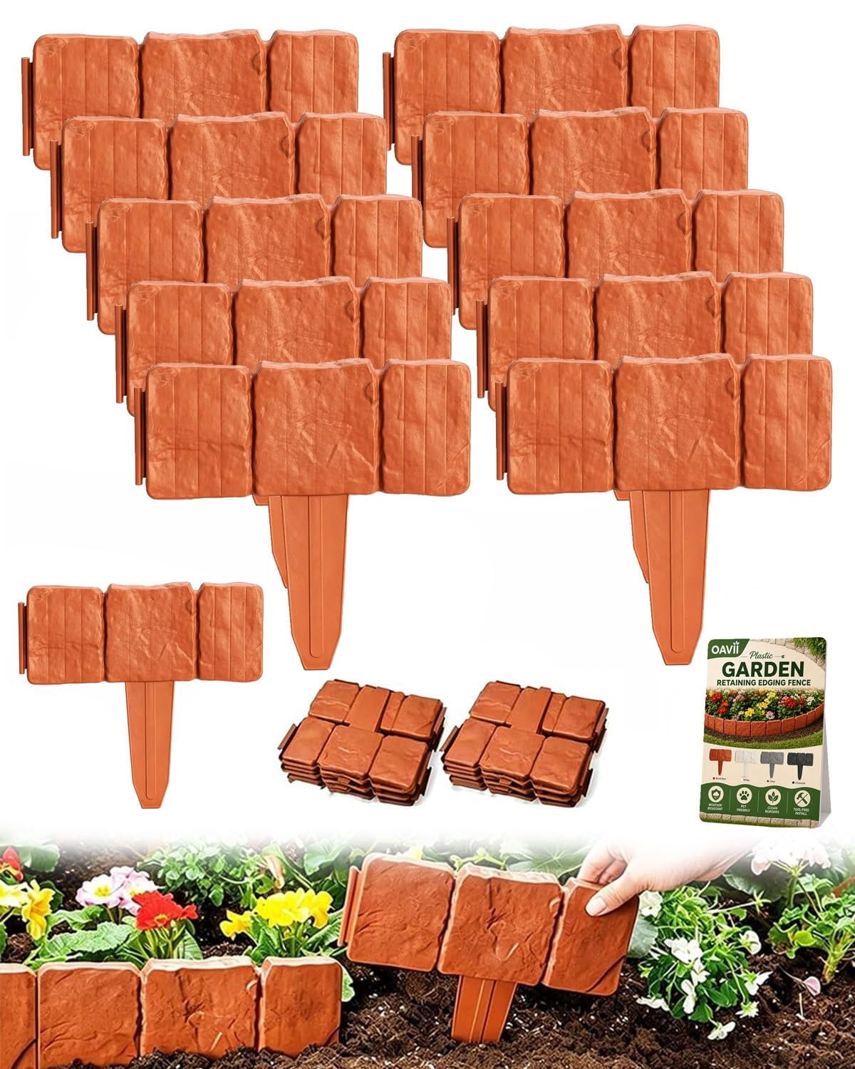10/20/30/40PCS Landscape Edging Stone Border, Faux Stone Garden Edging Border for Flower Beds, Plastic Garden Retaining Fence, Flexible Interlocking Edging Stones, Weather Resistant Lawn Border Decor