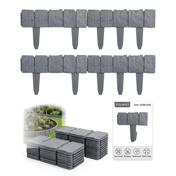 10/20/30/40PCS Plastic Garden Retaining Fence with Stakes, Faux Stone Garden Edging Border, Landscape Edging Stone, Garden Edging Border Stone, No Dig Interlocking Edging Stones for Yard Patio