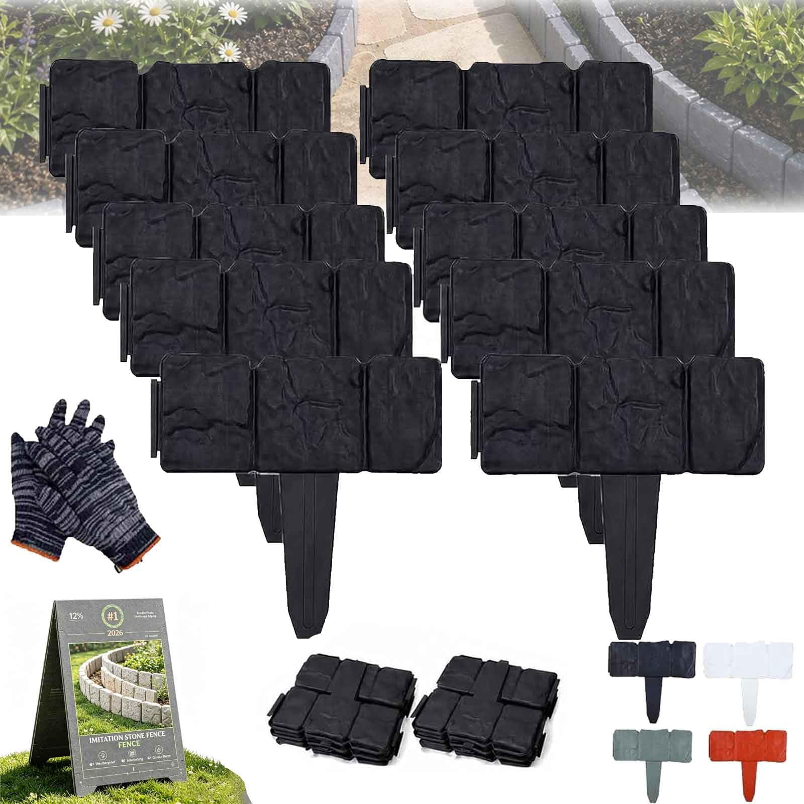 10/20/30 PCS Imitation Stone Garden Fence, 9.4 X 9.8 Inch Stone-Look Lawn Edging Border for Flower Beds, Stone-Look Lawn Edging Border for Flower Beds, No Tools Needed for Plant Beds