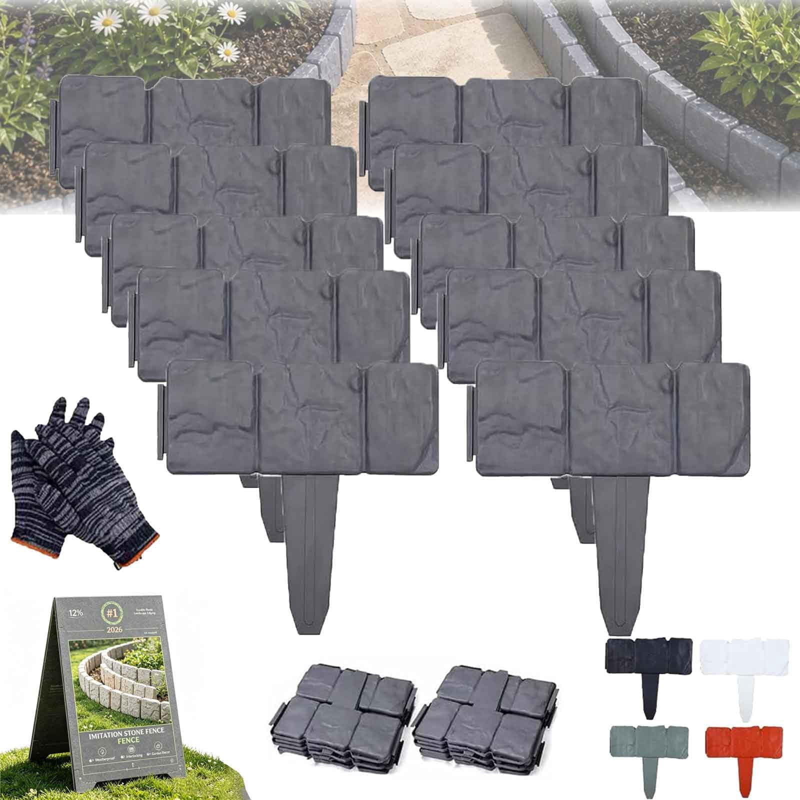 10/20/30 PCS Imitation Stone Garden Fence, 9.4 X 9.8 Inch Stone-Look Lawn Edging Border for Flower Beds, Stone-Look Lawn Edging Border for Flower Beds, No Tools Needed for Plant Beds