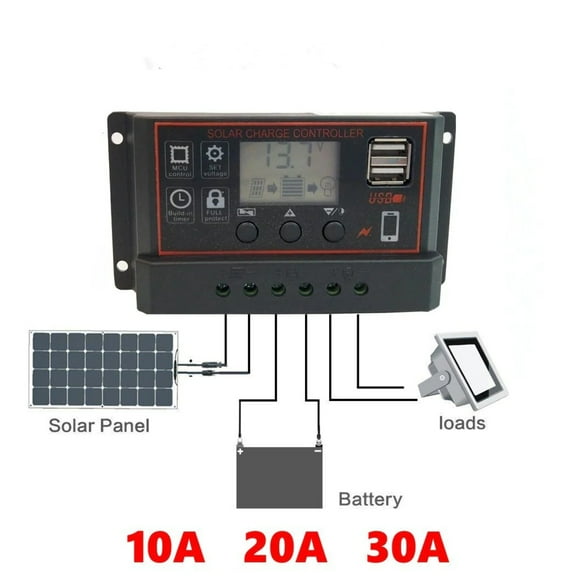 10/20/30A PWM Solar Panel Battery Regulator Charge Controller Dual USB 12V 24V - Black Case