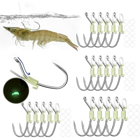 10/20/30Pcs Luminous Live Shrimp Hooks, Live Shrimp Hooks, Heavy Duty Metal Barbed Fishhook Freshwater Saltwater Catfish Bass Fishing Hook Fishing Accessories