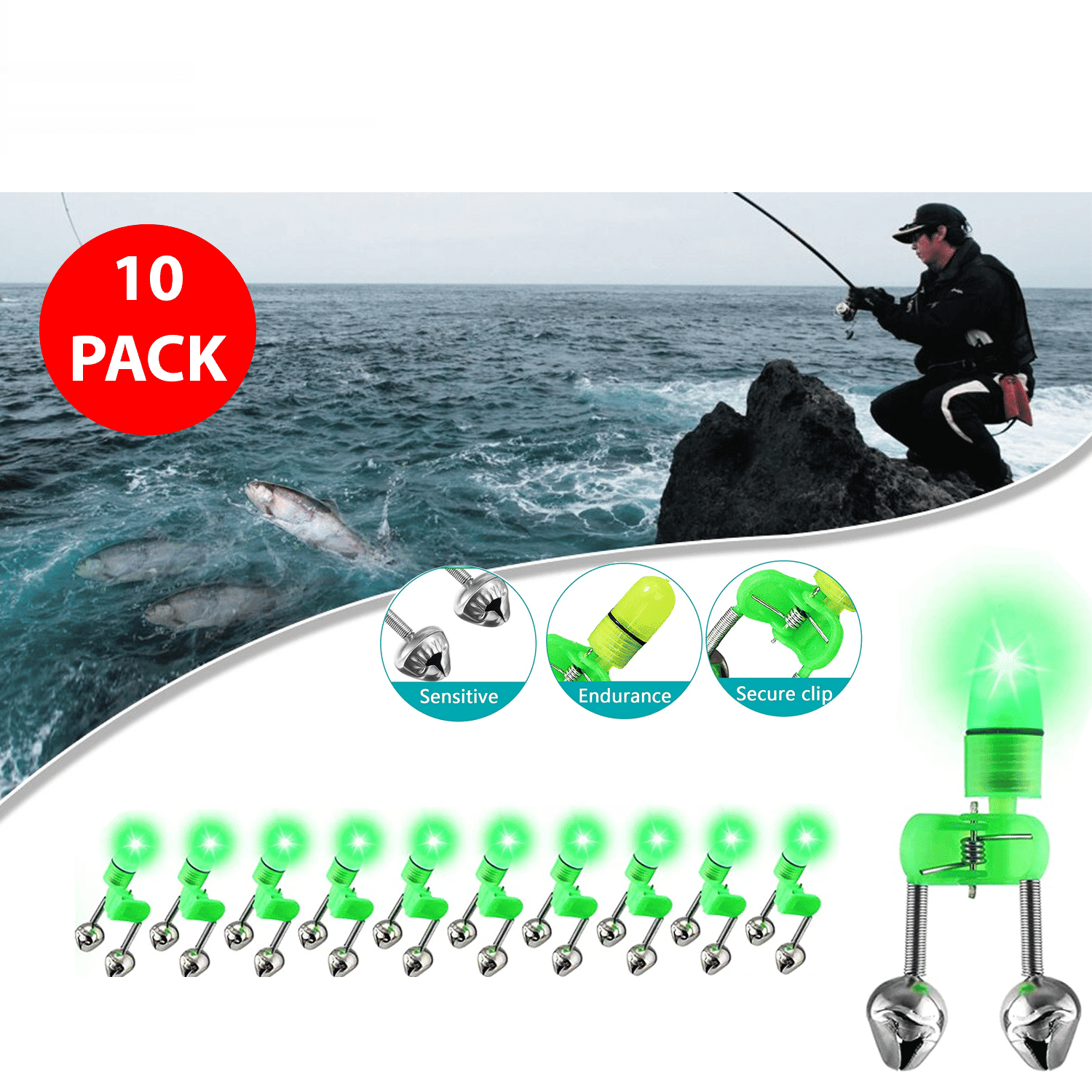 Led Fishing Rod 10/20/40 Pack LED Fishing Rod Light Alarm with Bells & Clip, Night ...