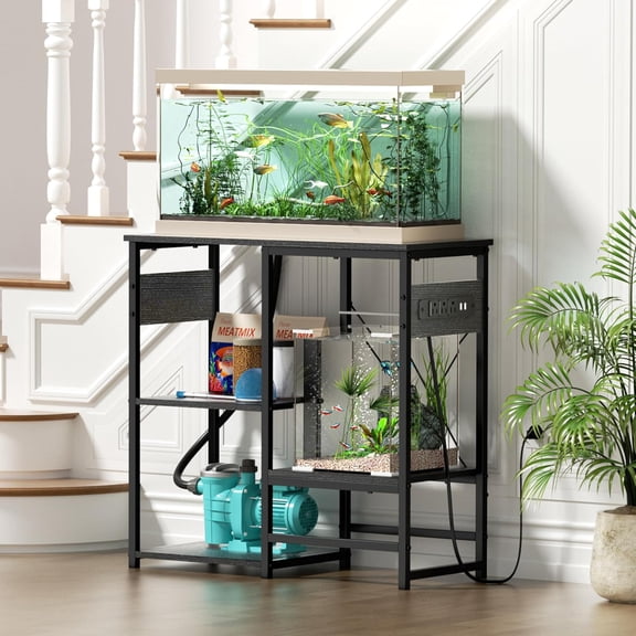 10-20 Gallon Fish Tank Stand with Power Outlets, 4 Tier  Aquarium Stand with  Storage Shelves, 20.3" L x 10.6" W x 30.3" H Turtle Reptile Fish Tank Table Aquarium Table - Black