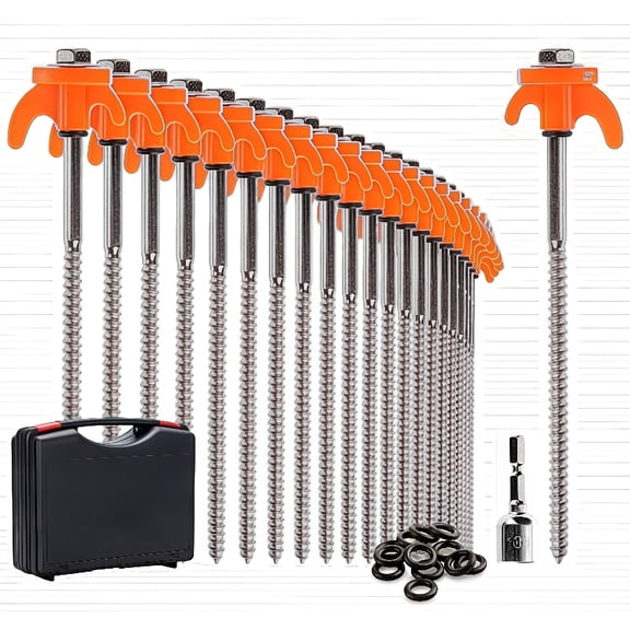 10/20 Pack 8 Inch Threaded Metal Tent Stakes, Heavy Duty Screw-In Ground Anchors with Hex Head Driver & Storage Box, Orange Tent Pegs for Camping Outdoor Yard Use