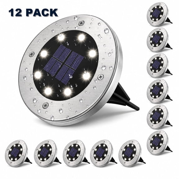 12 Pack Solar Ground Lights Outdoor, 8 LED Solar Disk Lights, IP65 Waterproof for Walkway, Lawn, Patio