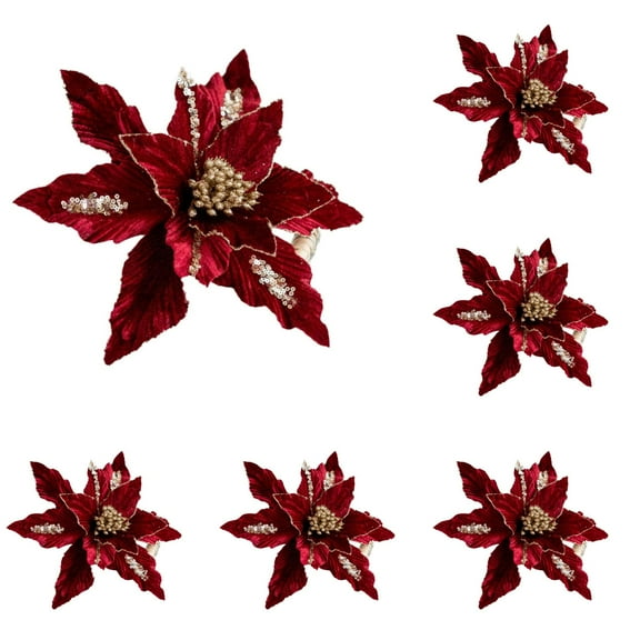10.23 Inch Glitter Christmas Poinsettias Artificial Flowers with Stems for Xmas Tree Wreath Garland Ornaments Wedding Party Holiday Decoration Home Festival DIY Decor Supplies