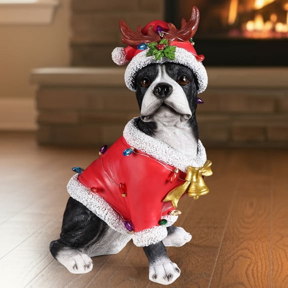10.24" H Bulldog Garden Statues with Red Santa Outfit,LED Lights,Resin Outdoor Statues,Suitable for Courtyard,Living Room,Black+Red