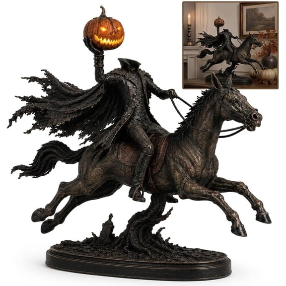 10.24 Inch Lighted Headless Horseman Statue, 1 PC LED Pumpkin Horse Halloween Decor, Spooky Gothic Fantasy Figurine with Warm LED Glow, Perfect for Halloween Mantel, Shelf, Tabletop and Home Decor