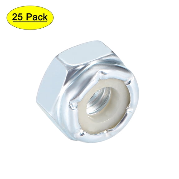 10#-24 Nylon Insert Hex Lock Nuts, Carbon Steel White Zinc Plated 25 Pcs