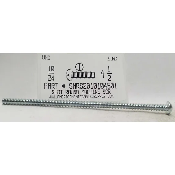 #10-24X4-1/2 Round Head Slotted Machine Screws Steel Zinc Plated (10)