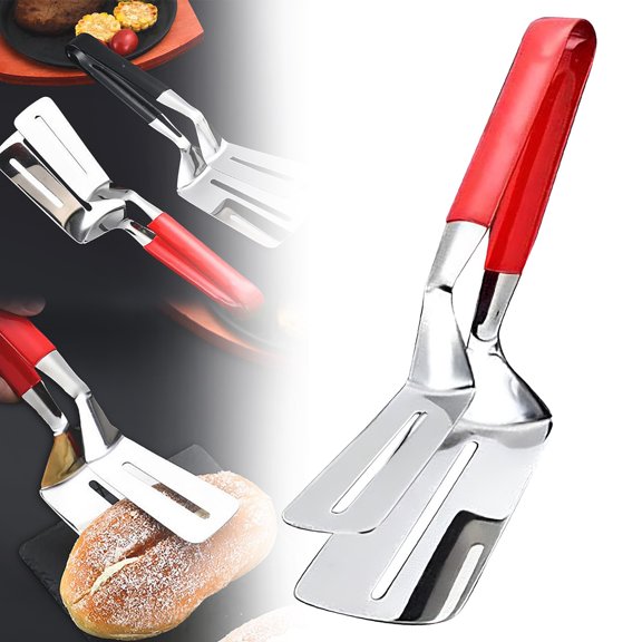 10.24in Stainless Steel Grill Clamp with Double-Sided Spatula Tongs, Heat-Safe Handle BBQ Food Clip, Multi-Functional Cooking Tongs for Steak Fish Bread Burger Camping Kitchen Use