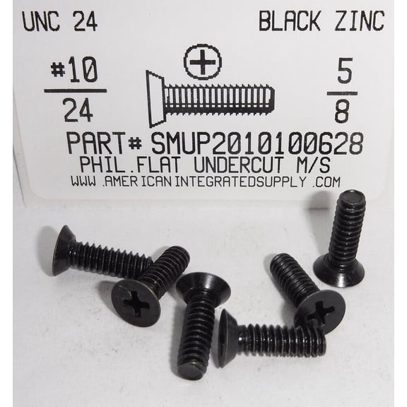 #10-24x5/8 Undercut Flat Head Phillips Machine Screws Steel Black Zinc (250)