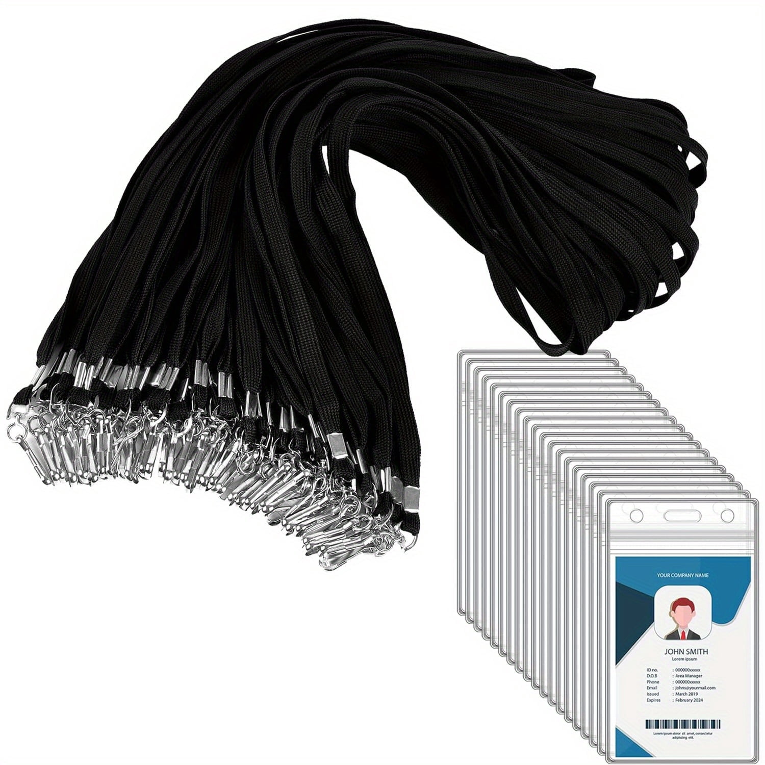 10/25/50/100/150pcs Clear Plastic Vertical Name Tags Badge ID Card Holders and 10/25/50/100/150pcs Flat Neck Lanyards with Swivel Hook