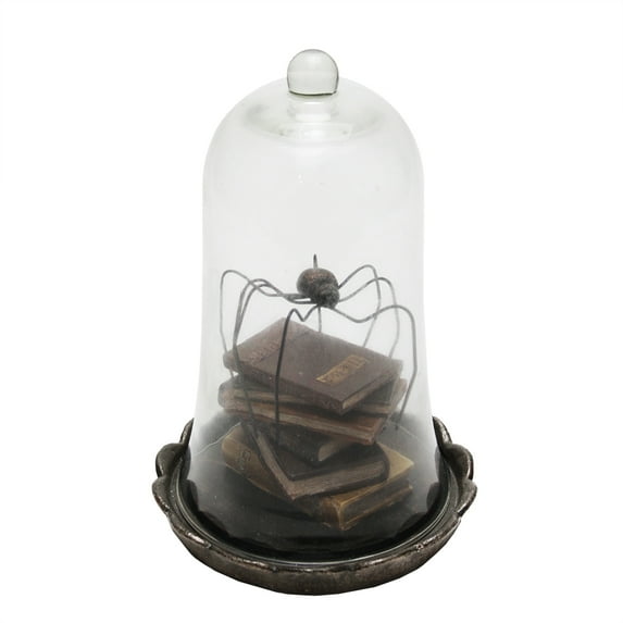 10.25" Black Creepy Spider with Books Halloween Dome Cloche