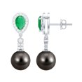 thumbnail image 1 of Rosec Jewels 10.25 CT Tahitian Pearl Drop Earrings with Emerald and Diamond, 925 Sterling Silver, 1 of 7