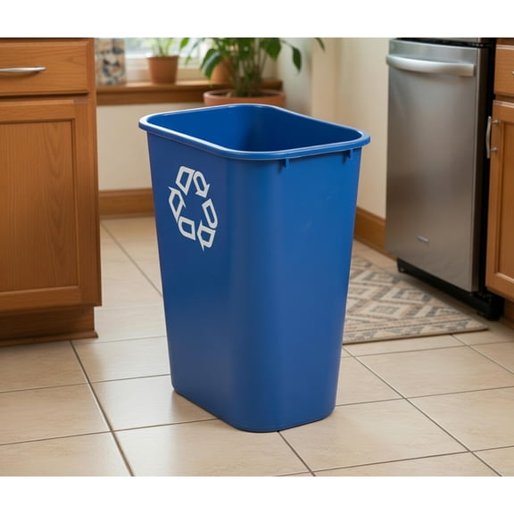 10.25-Gallon/41-Quart Blue Rectangular Recycling Bin with Recycling Symbol - Slim Space-Saving Plastic Container for Kitchen, Office & Home