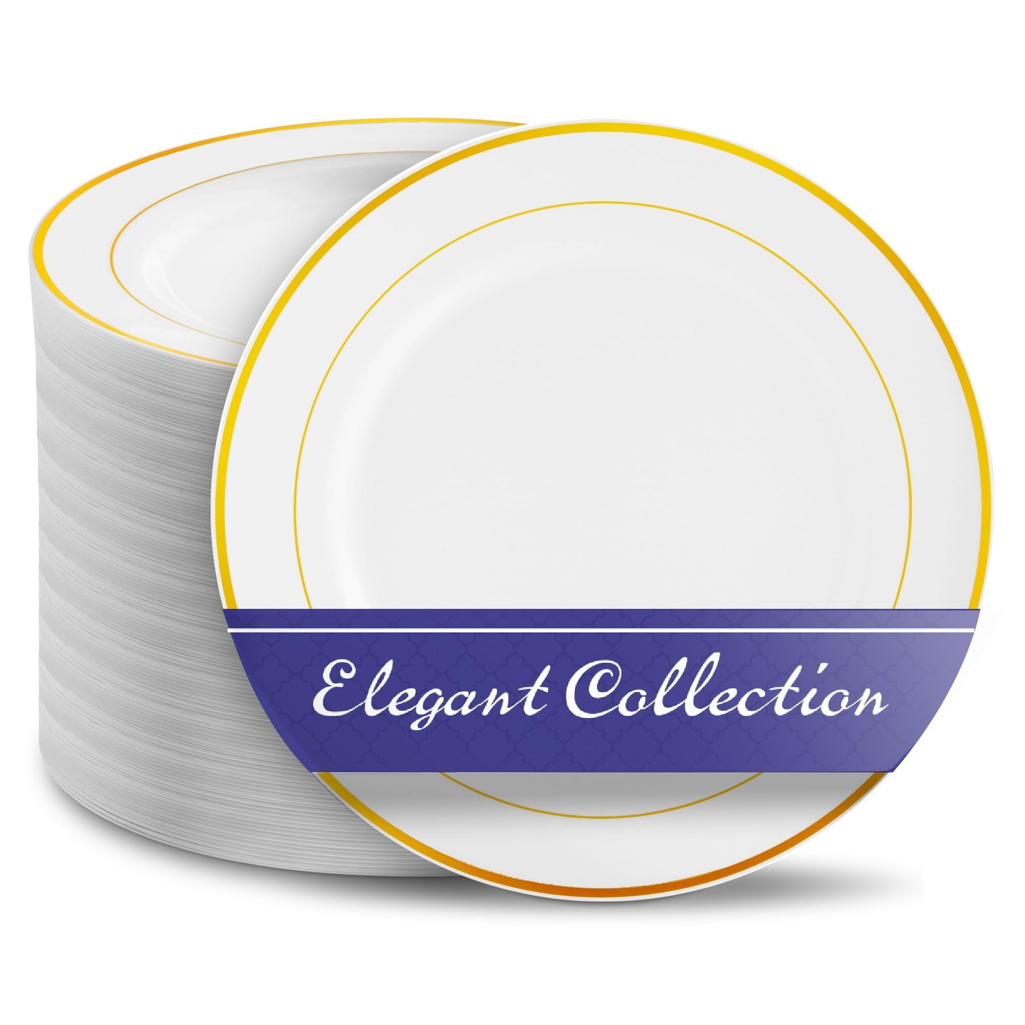10.25" Plastic Dinner Plates Disposable (100 Pack) White and Gold Wedding Plates Disposable Set 100 Guests, Elegant Plastic Plates Disposable, Heavy Duty Plastic Plates for Thanksgiving/Christmas