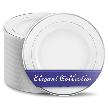 10.25" Plastic Dinner Plates Disposable (100 Pack) White and Silver Wedding Plates Disposable Set 100 Guests, Elegant Plastic Plates Disposable, Heavy Duty Plastic Plates for Thanksgiving/Christmas